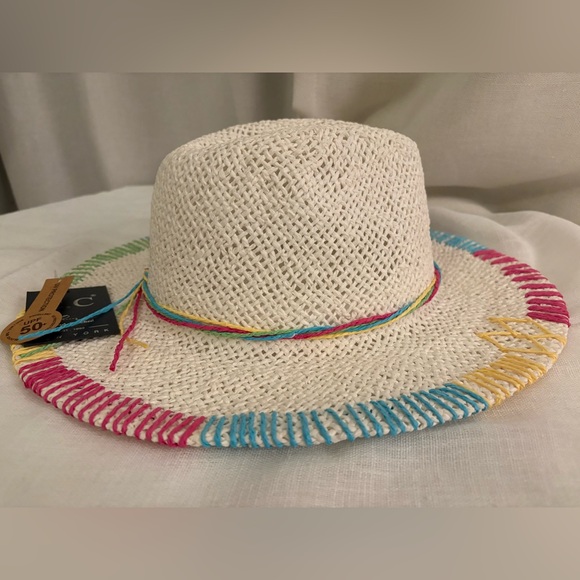 C.C New York UPF 50+ Panama Sun Hat Rainbow Stitched Brim Beach Resort Festival - Picture 4 of 10